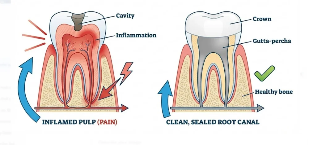 Diagram showing inflamed dental pulp causing pain versus a clean, sealed root canal