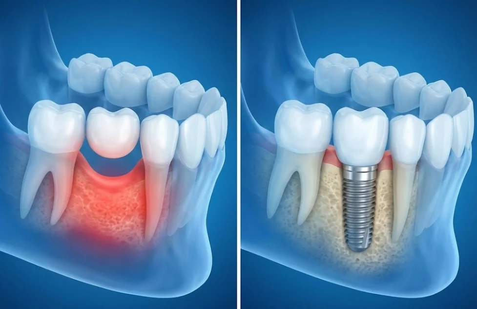 Diagram comparing bone loss under a dental bridge versus bone preservation with a dental implant