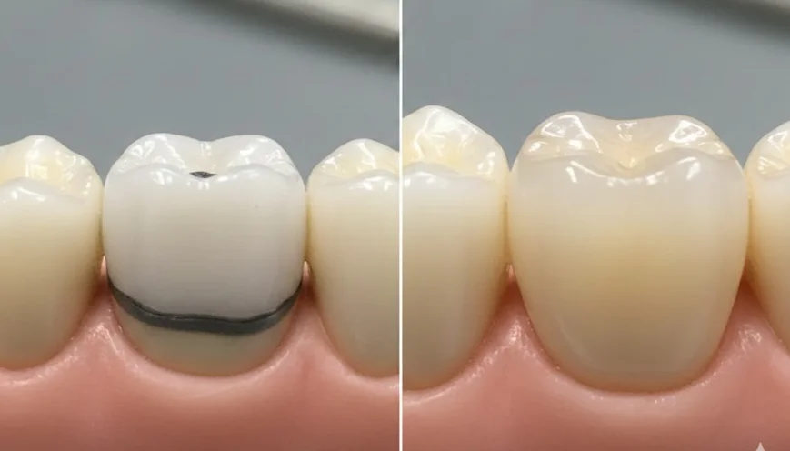 Side-by-side comparison of a metal-ceramic crown showing a dark line versus a translucent zirconia crown